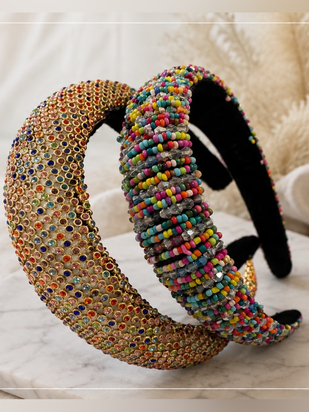 Chunky Beaded Multicolor and Gold Embellished Padded Headbands - Set of 2